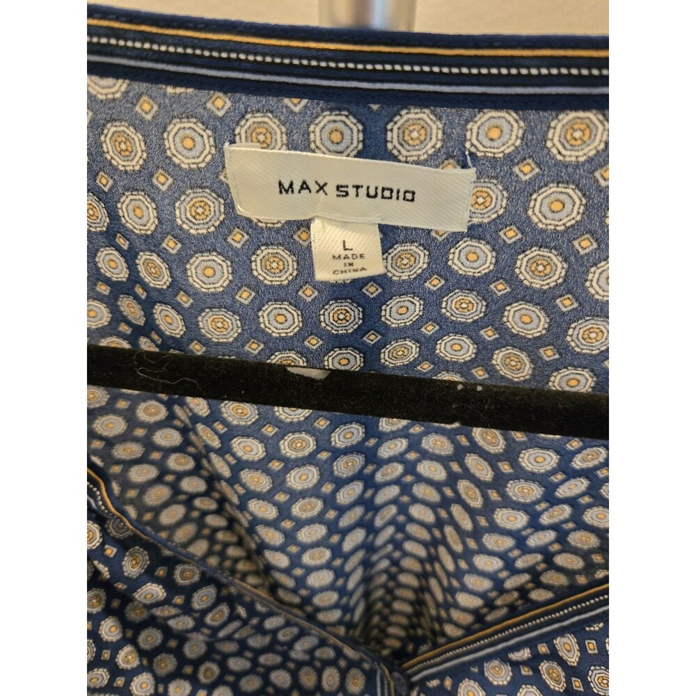 Max Studio Size L Blue Geo Print Smocked Waist V-Neck Long Sleeve Blouse Top - Picture 2 of 12